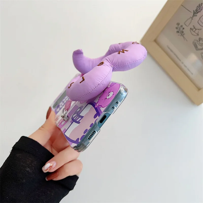 Cartoon Flower Bear Phone Case with Cloud Pendant for Samsung Galaxy Z Flip 4 3 Hard Cover for ZFlip3 Zflip4 Solid Shell Bracket