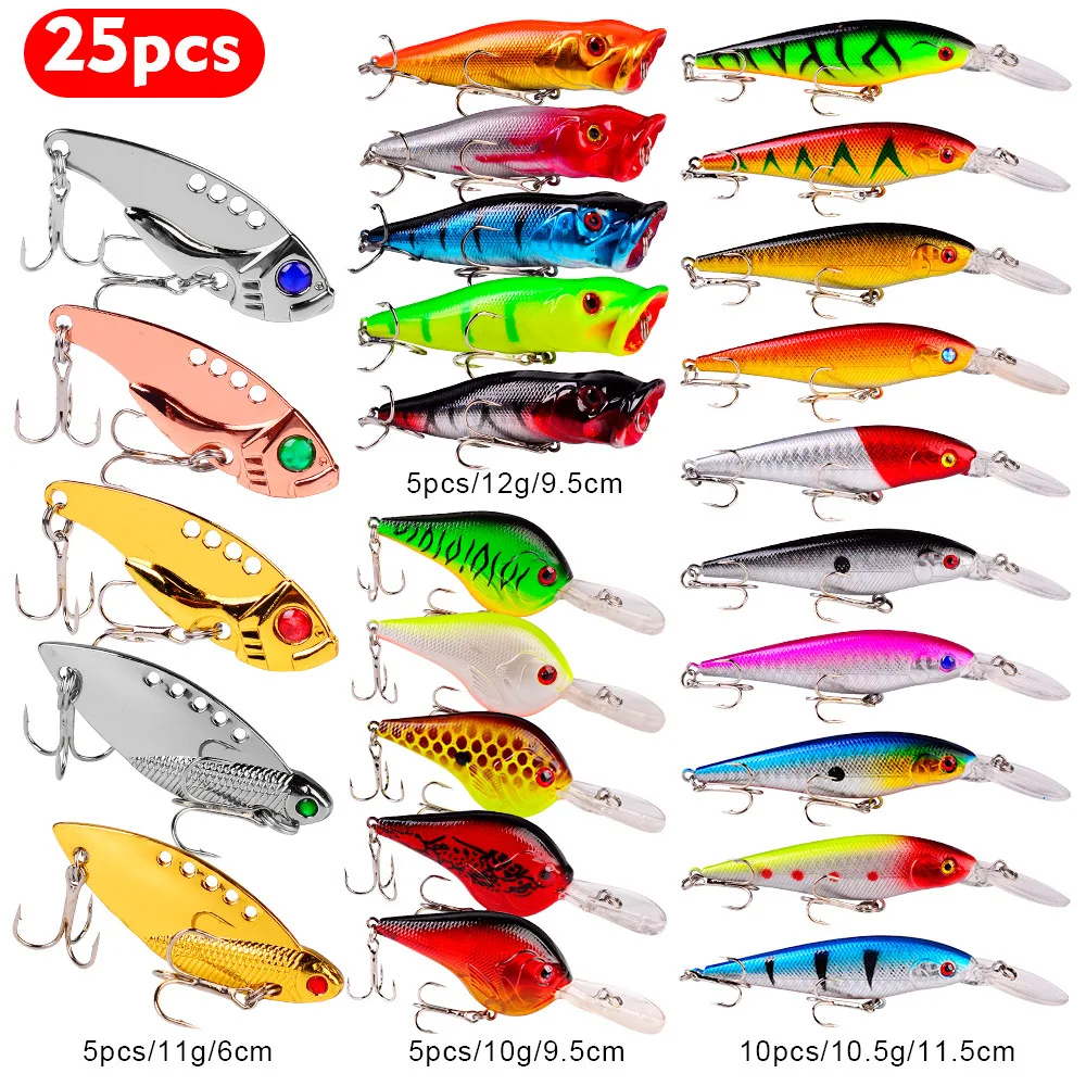 

S0257 25PC Lure Bait Set About 390G Fake Bionic Bait Bait Free Mixing Set Material Plastic Barbed ABS Plastic Material 25 Pieces