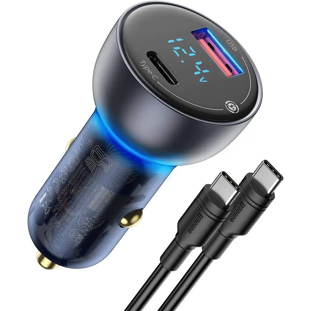 

ABS Digital Display Mini Car Charger QC3.0 Metal PD Fast Charging Charger 65W Cigarette Lighter for USB- Type-C Powered Devices