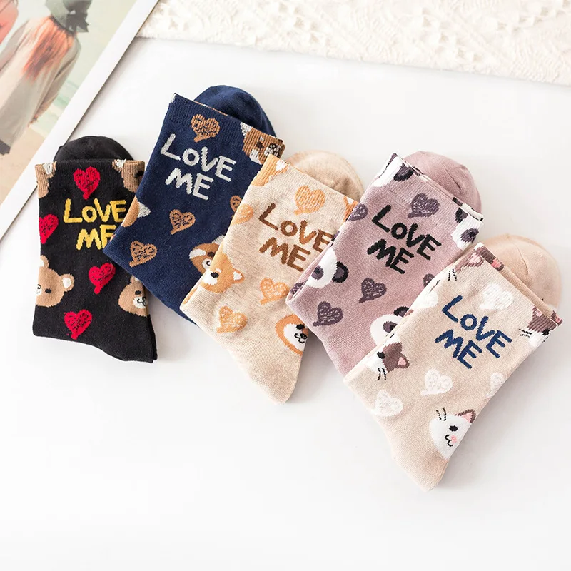 5 Pairs Cute Colorful Lovelty Harajuku Kawaii Women Socks Cartoon Cat Dog Panda Girl Cotton Casual Socks