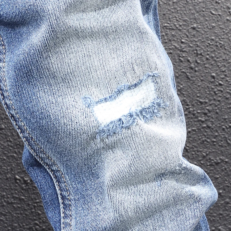 Italian Style Fashion Men Jeans Retro Light Blue Stretch Slim Fit Ripped Jeans Men Vintage Designer Casual Denim Pants Hombre