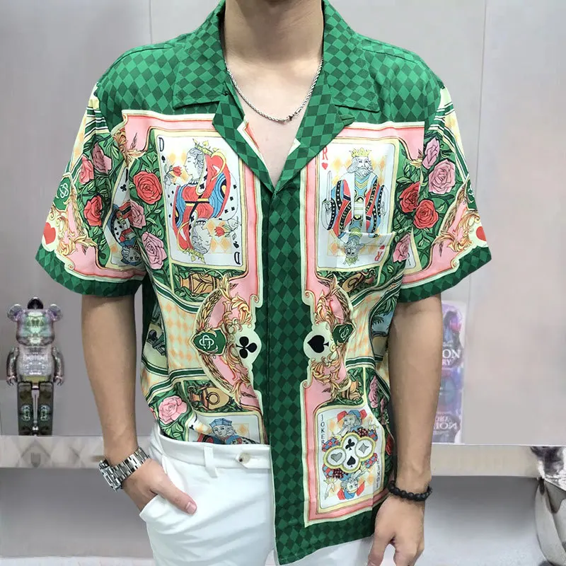 

2023 Vintage Playing Card Pattern Patchwork Print Beach Shirt Summer Men Hawaiian Shirts Streetwear Hip Hop Casual Holiday Tops