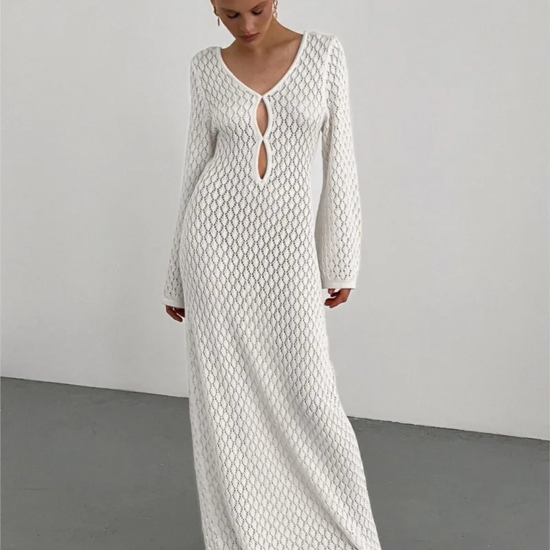 

Vintage Dress Women Clothing One Piece Summer Ladies Cute Clothes Knit Hollow Out Sexy Tight Neck Backless Long Sleeve 2023