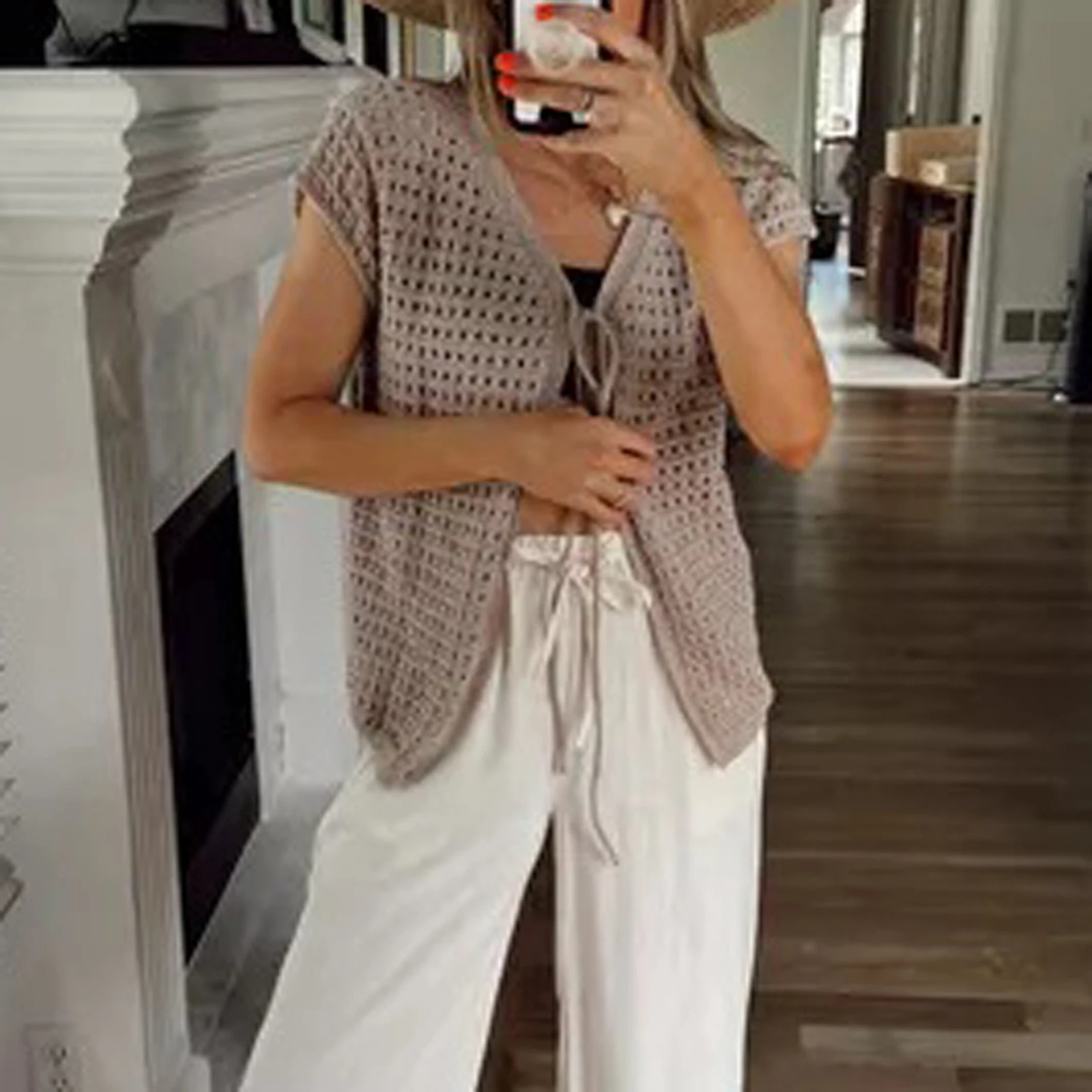 lop damski y2k Tie Front Knit Estetyczny kardigan w jednolitym kolorze z krótkim rękawem i dekoltem szpic Lekki sweter Casual Loose Cover Up