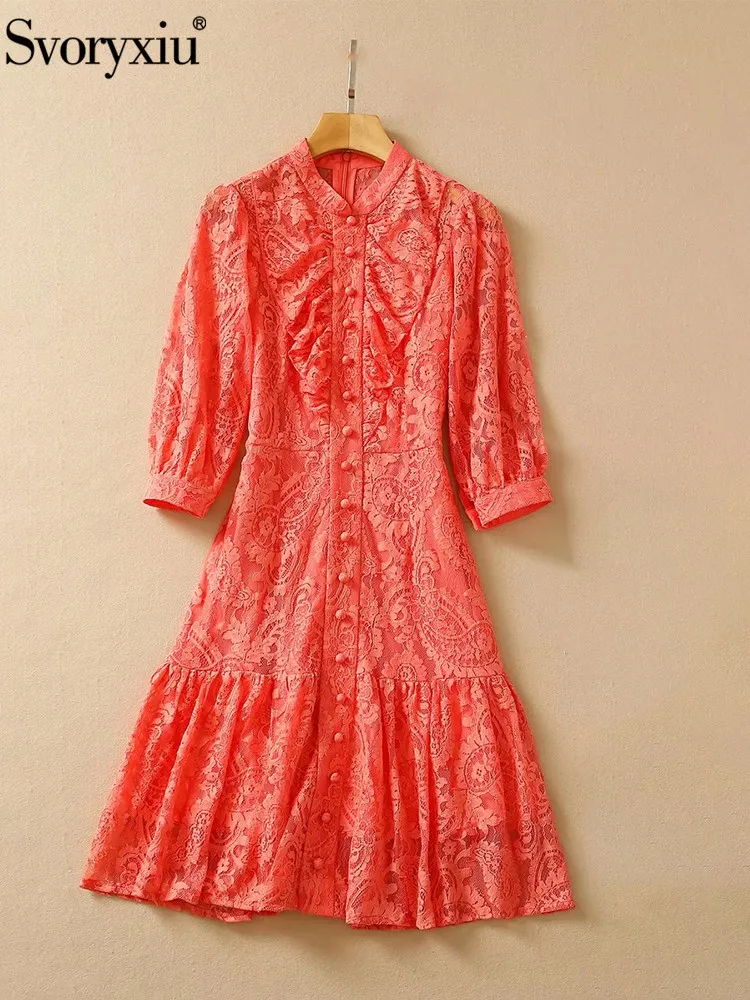 

Svoryxiu Fashion Summer Solid Lace Knee-Length Dress Women's Lantern Sleeve Single Breasted Gorgeous High Waist Vintage Dress