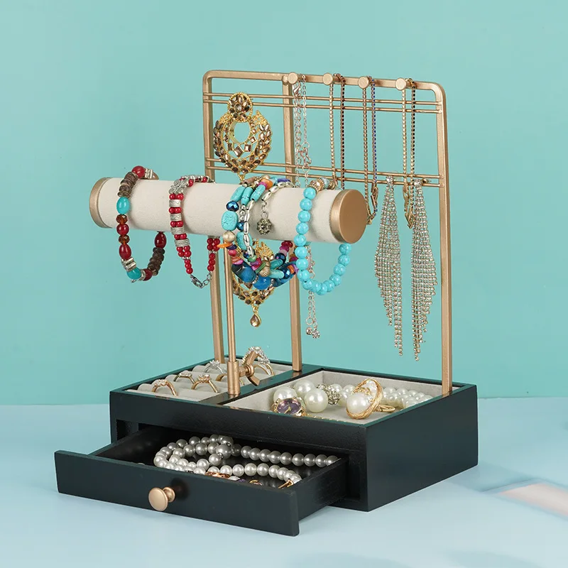 Multifunction Jewelry Organizer Stand with Wood Drawer Tray Earrings Holder Bracelet Necklace Display for Hanging Ear Stud