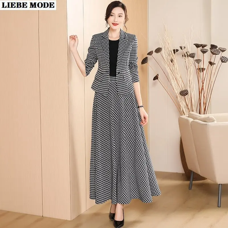 Women Plaid Grey Long Sleeve Short Blazers and High Waist Long Midi Skirt Vintage Houndstooth 2 Piece Sets Female Elegant Suit