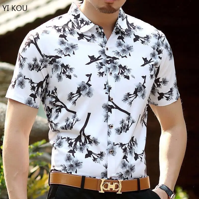 

Ice Silk Short Sleeve Print Shirt No Ironing Business Casual Jacquard Shirt beach shirt mens fashion clothing trends
