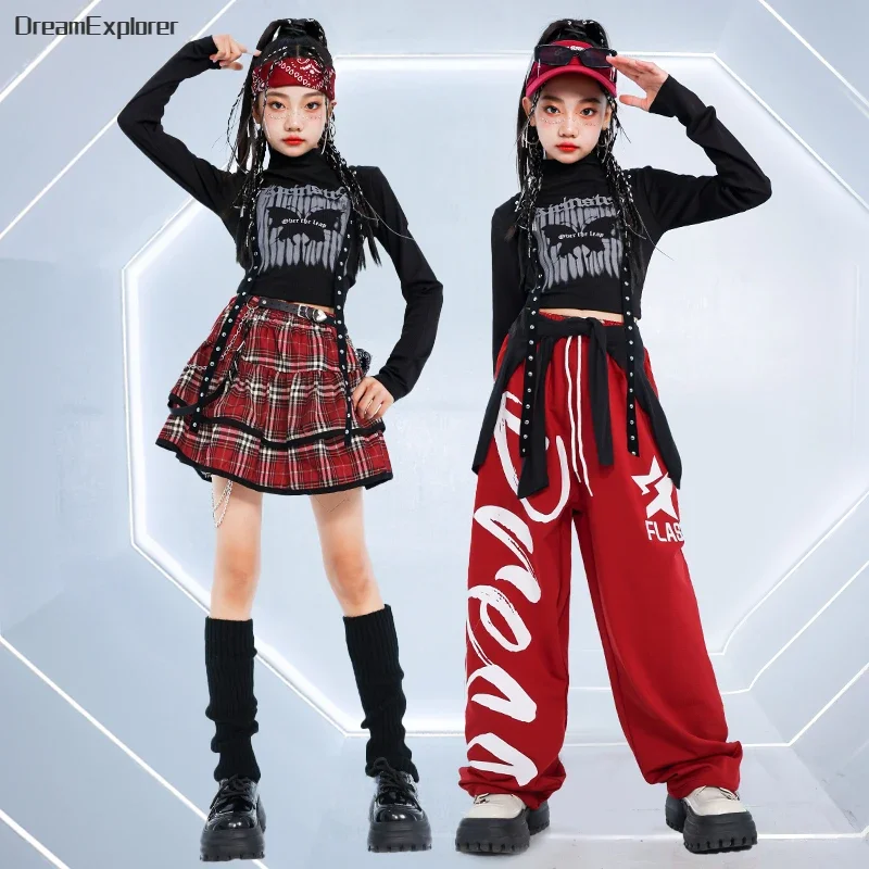 Hip Hop Girls Fashion K-pop Crop Top Street Dance Cargo Pants Kids Streetwear Plaid Skirts Children Jazz Girl Group Clothes Sets