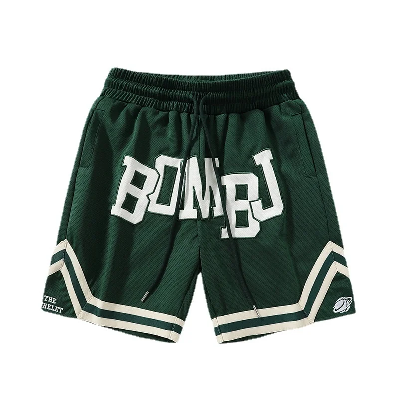 Mesh patch embroidered shorts for men's 2023 new American loose fitting summer high street couple quarter pants