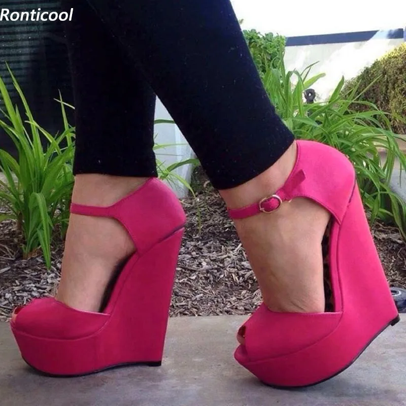 

Ronticool Hot Women Sandals Faux Leather Wedges Heels Peep Toe Gorgeous Fuchsia Party Shoes Women Size 35 45 47 52