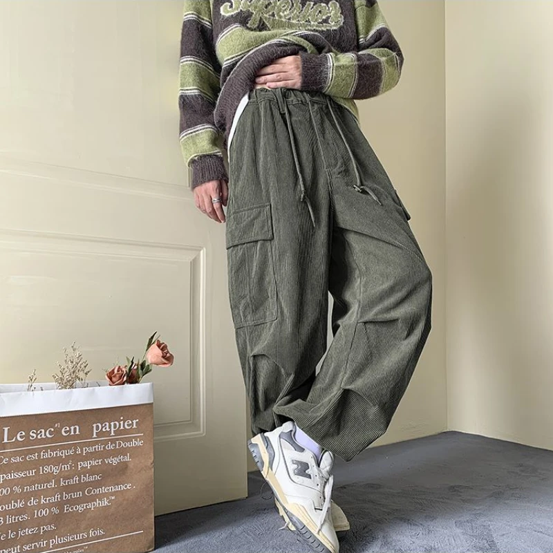 

DEEPTOWN Japanese Streetwear Corduroy Cargo Pants for Men Green Black Casual Baggy Trousers Male Hip Hop Korean Style Summer