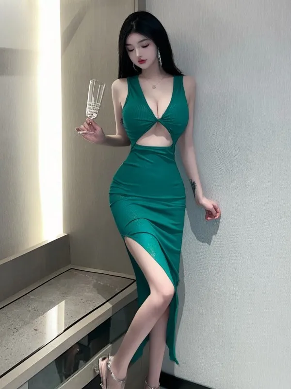 

New Temptation Elegant Mature Gentle Green Dress Low Cut V-neck Suspender With Slit Long Dress Passion Sexy Tight Dress P6RB