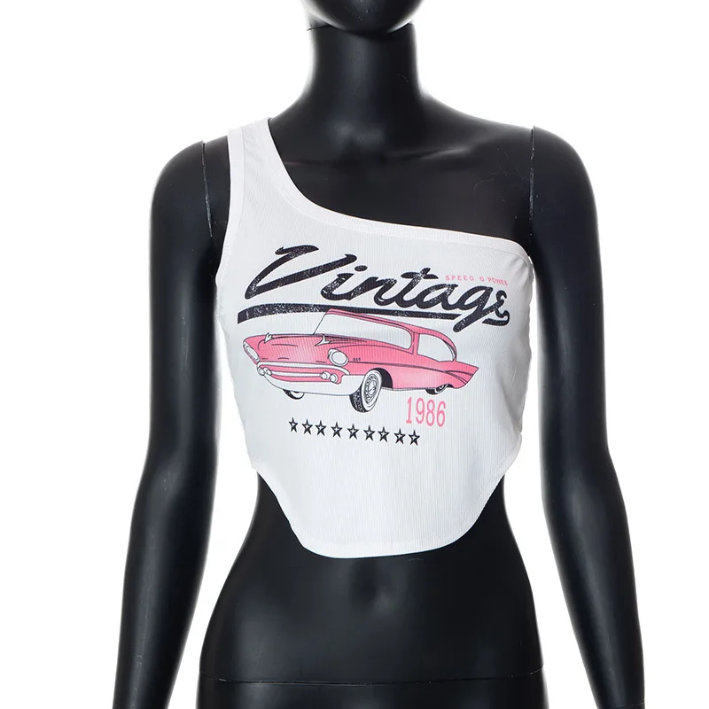 

Summer One Shoulder Crop Tops Sleeveless T-Shirt Women Lady Female Tank Tops Summer Beach Vest Bare Midriff Fashion Clothes
