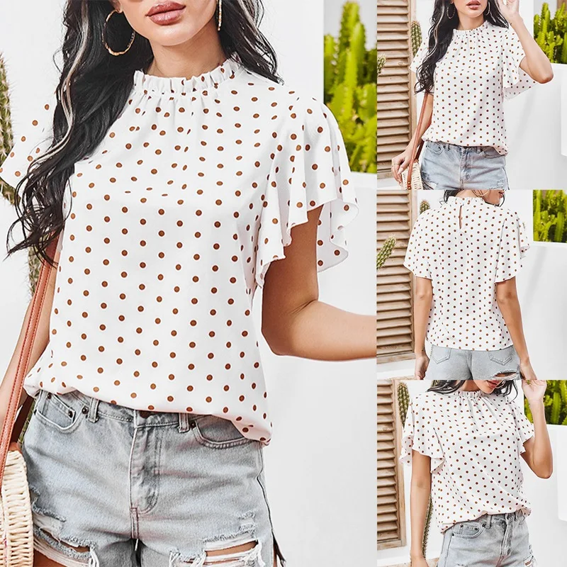 

Women's Casual Polka Dot Lotus Leaf Stand Collar Flying Sleeve Top White