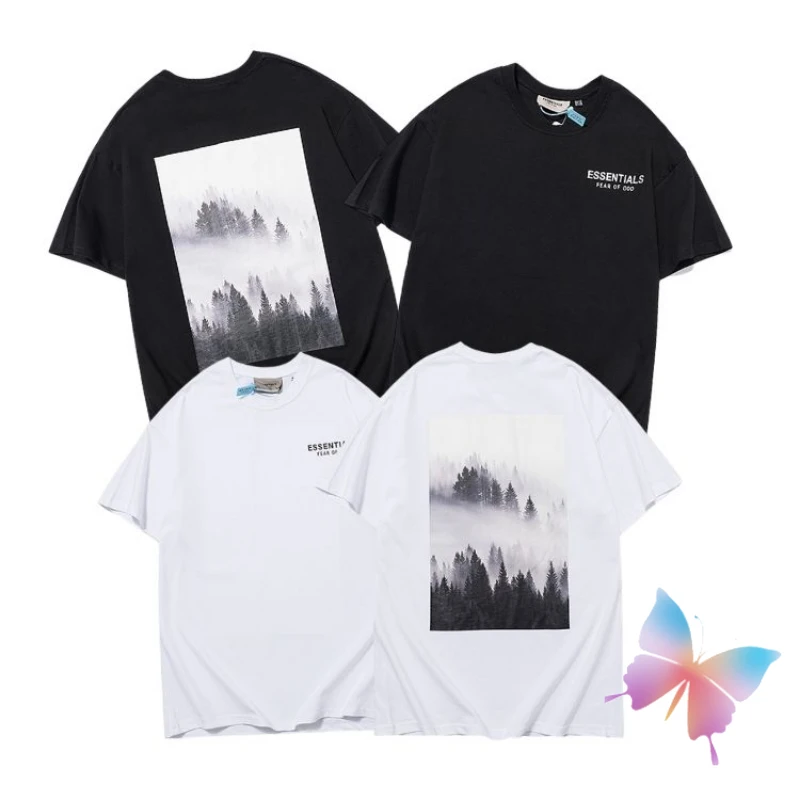 

Summer Oversized ESSENTIALST Shirt High Quality Print Double Line Forest Cloud Sea Sunset New Flower Short Sleeve