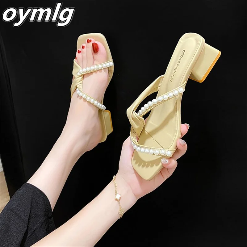 

2022 summer new open-toe square head pearl temperament women's sandals stilettos with high heels luxury sandals women designers
