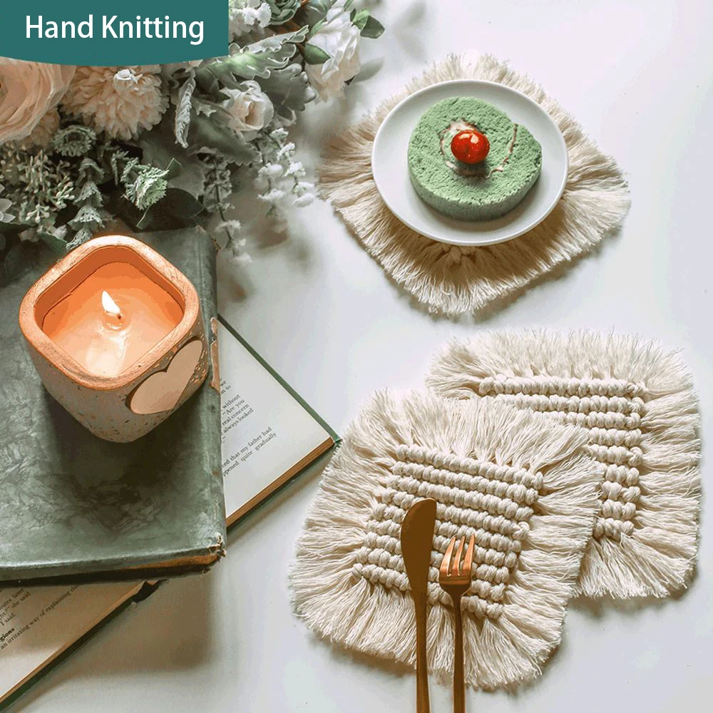 

Nordic Style Macrame Cup Pad Mat Handmade Cotton Braid Non-slip Heat Insulation Tea Coaster Tassel Table Mat For Kitchen Decor