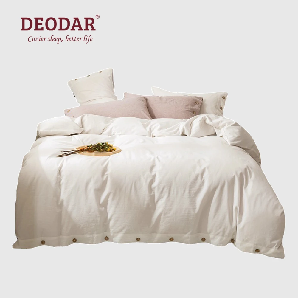 

Deodar Summer Luxury Solid Linen 4Pcs European and American Cotton 85% Linen Blended Button Quilt Cover Bedding Sheet Set