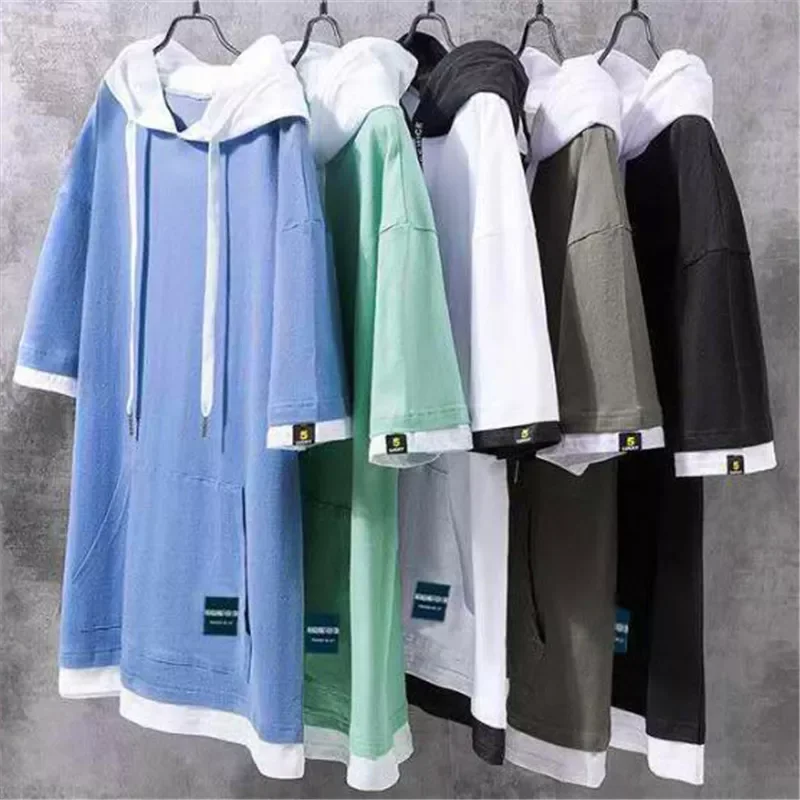 

NEW IN Korean Style Men's Cotton T-shirts Summer Youth Loose Hooded Tops Trendy Streetwear Male Solid Pullover Hoodies