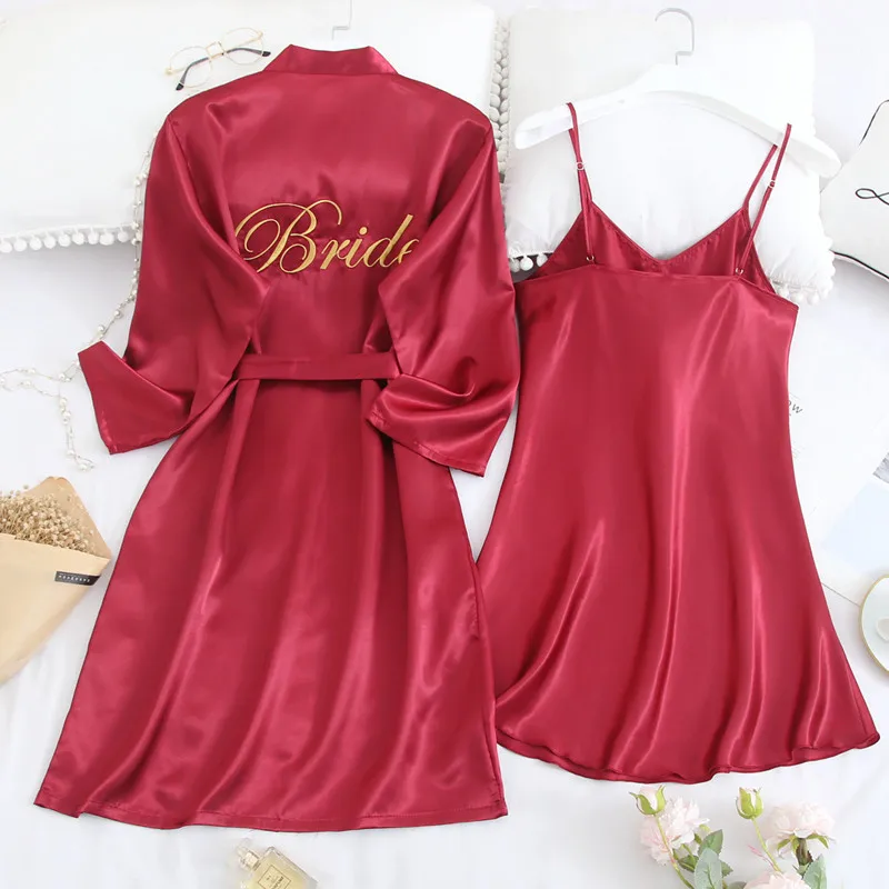 

Халат-кимоно Женский атласный с вышивкой, ночная рубашка с длинным рукавом, комплект из 2 предметов, одежда для сна, на лето