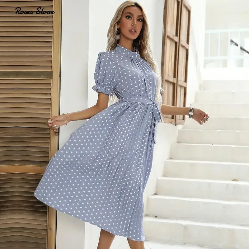 

Elegant Summer Midi Pleated Dress for Women Vintage Short Sleeve Polka Dots Light Blue Robe Party Vacation Clothes Streetwear