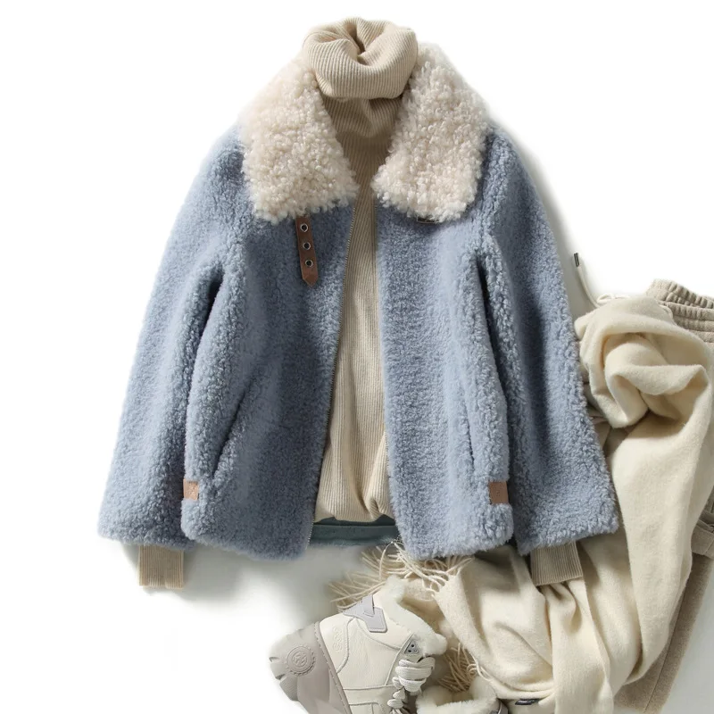 

Fur In One Winter Clothes Women Lamb Wool Sheep Shearling Coat Blue Veste Femme Wool Granule Cashmere Jacket Zipper Pocket