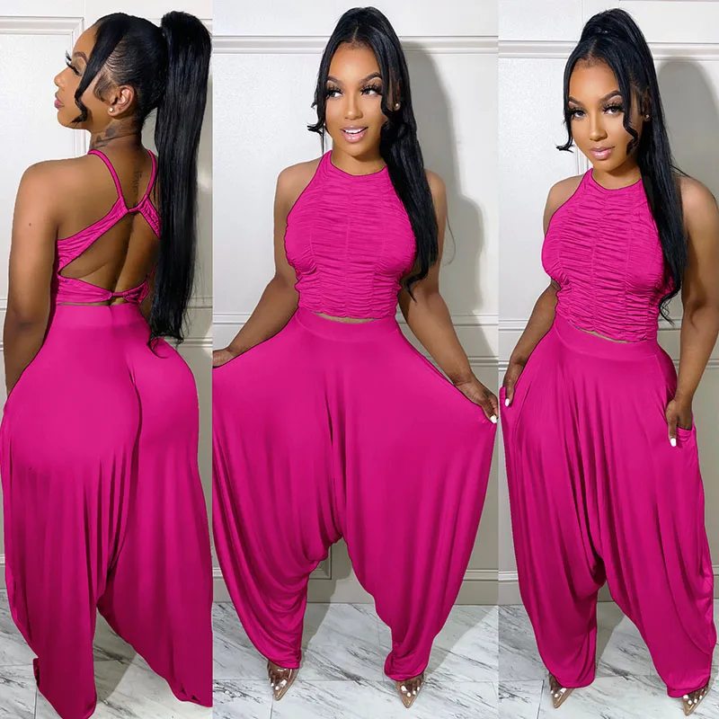 

Streetwear Hip Hop Womens Two Piece Sets Ruched Halter Backless Crop Top and Loose Harem Pants Suits Sweatsuit Casual Tracksuit