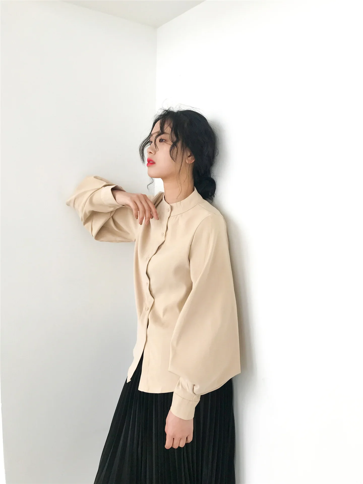 2022 Spring And Autumn Lantern Sleeve Stand Collar White Shirt Women's Korean Style Loose Fit Puff Casual Top |