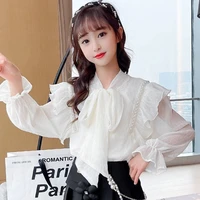 korean children chiffon shirts spring long sleeve blouse for girls solid color princess ruffle sleeve bow tops toddler clothing