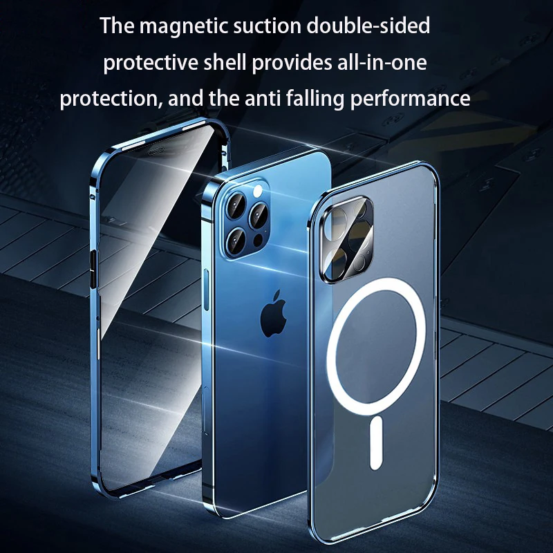 Magnetic Metal Flip Case for iPhone 14 13 Pro Max 12 Magsafing Wireless Charger Full Tempered Glass Transparent Cover Protector