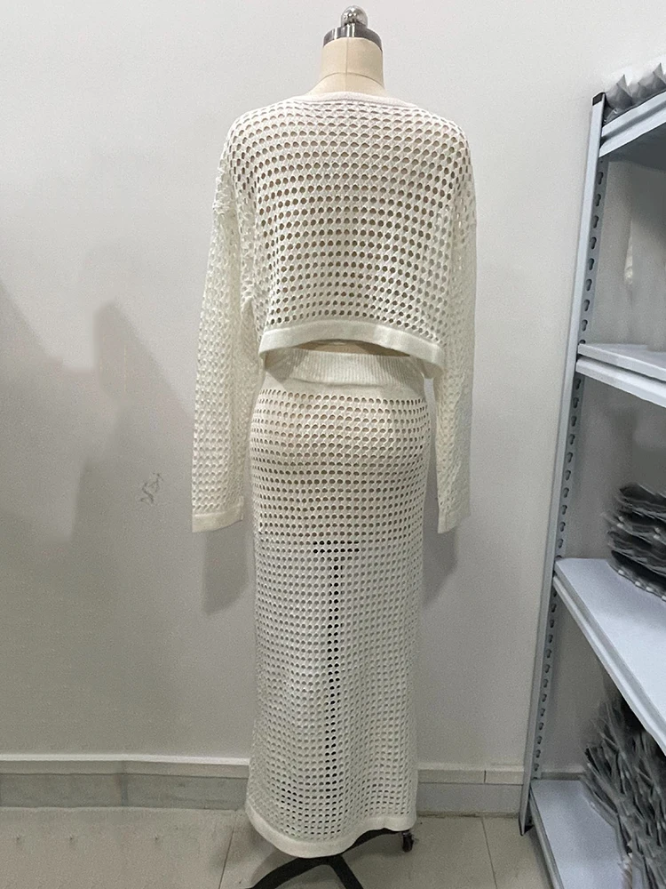 Женский элегантный вязаный комплект из двух предметов белый пуловер с длинным