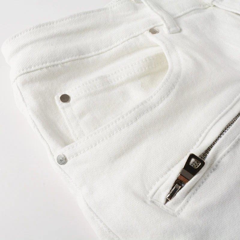 High Street Fashion Men Jeans Stretch Slim Fit Spliced Designer Biker Jeans Homme Brand Hip Hop Pants Men Patched White Trousers