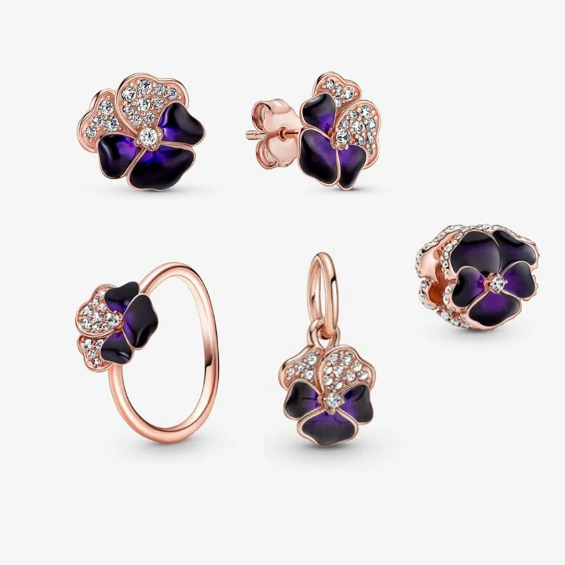 

2022 Spring New Rose Gold Dark Purple Pansy Charm Pandora Ring Necklace Earrings Women Charm Set Of Jewelry For Women Jewellery