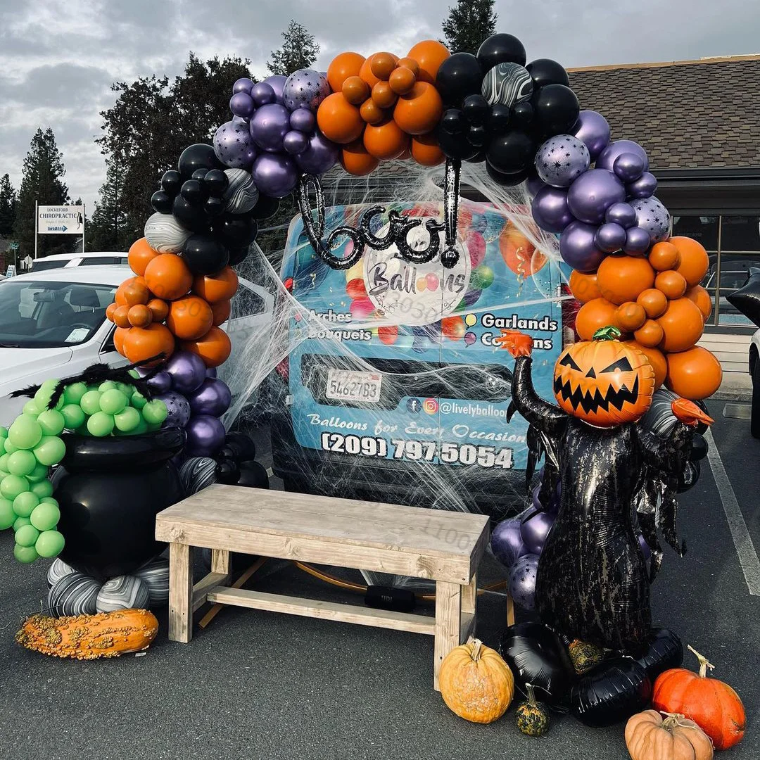 

1 комплект, украшения для Хэллоуина, оформление детской вечеринки, черные, оранжевые, зеленые шары из латекса, фиолетовые, хромированные, мет...