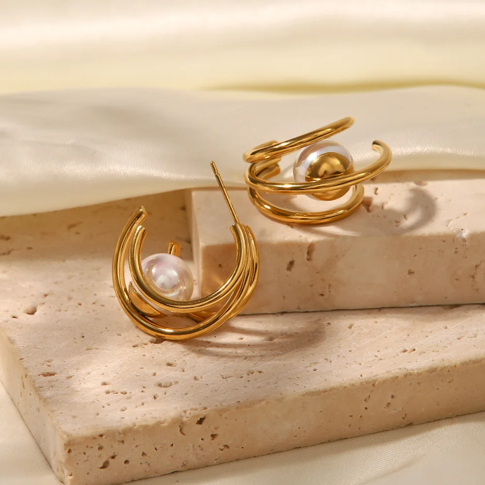

Stainless Steel Inlay Pearl Earrings Fashion 18K Gold Waterproof Vintage Jewelry for Women