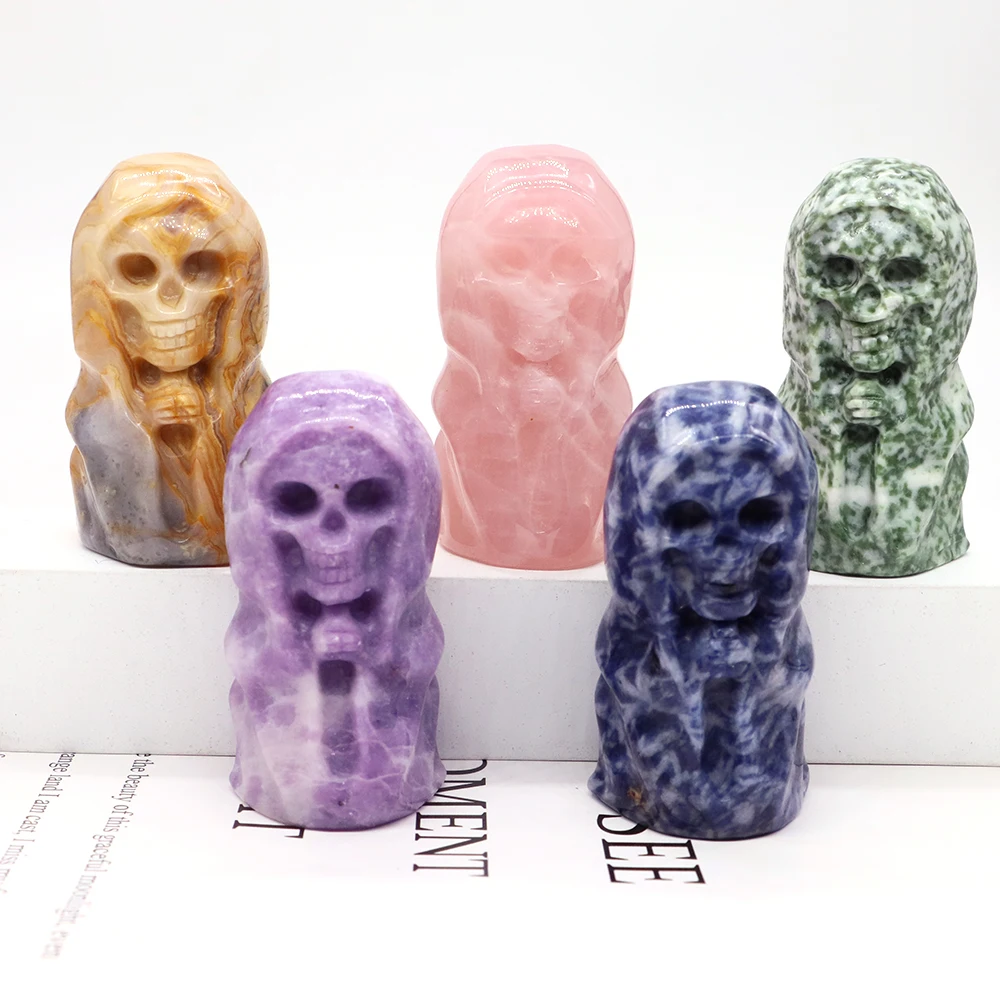 

2.3" Skull Head Statue Natural Stone Healing Crystals Reiki Carved Witchcraft Azrael Figurine Crafts Home Decor Halloween Gifts