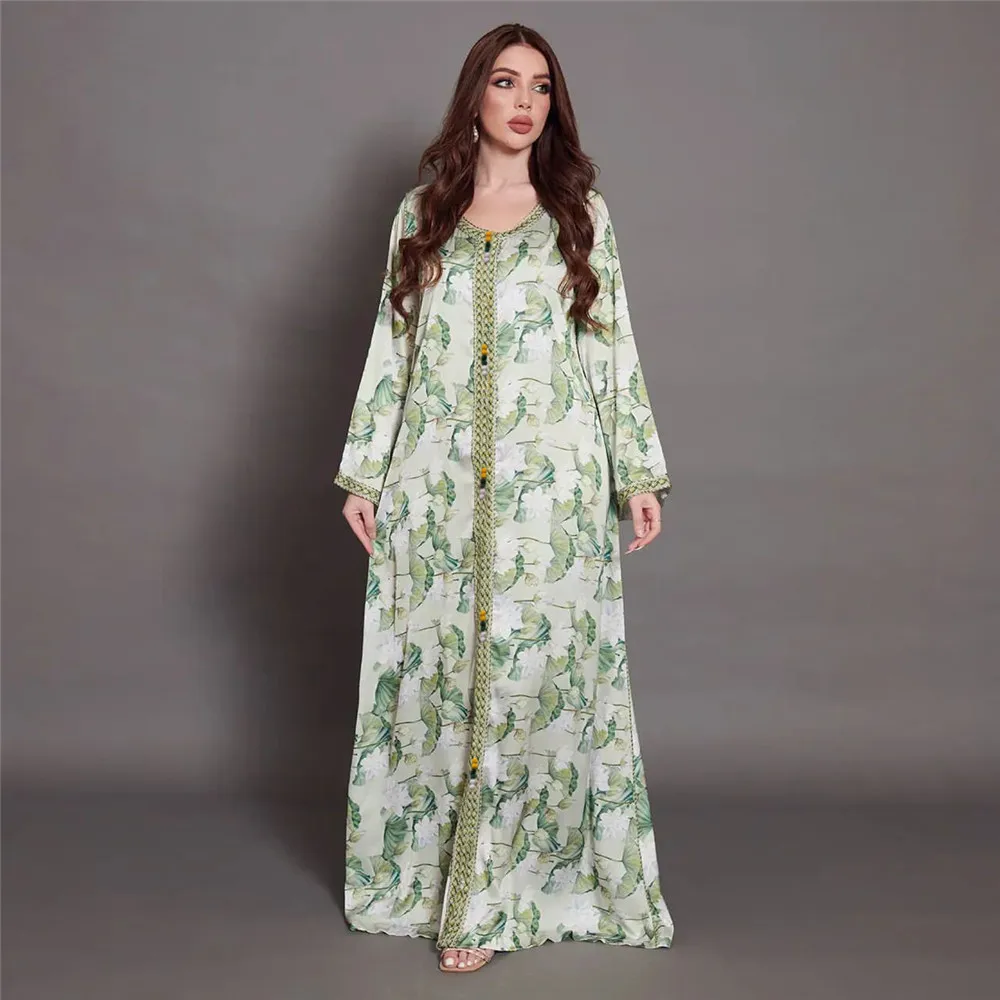 

Muslim Women Long Dress Abaya Lotus Flower Print Dubai Islamic Clothing Arabic Evening Gown Middle East Turkey Moroccan Jalabiya