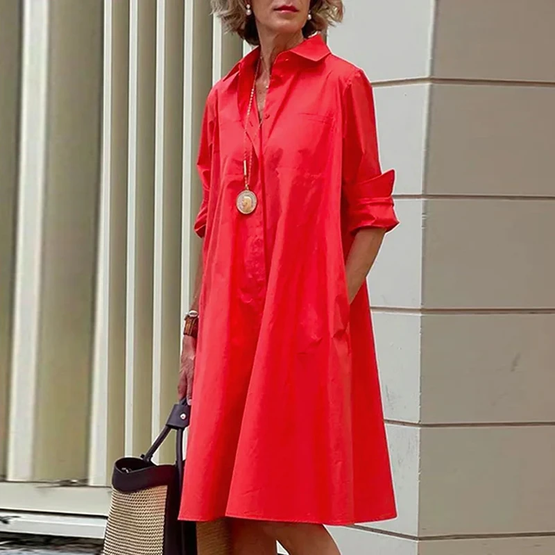 

Women Solid Shirt Dress Summer Fashion Casual Turn-down Collar Pocket Long Sleeve Midi Dresses Female Sexy Dot Dresses Vestidos