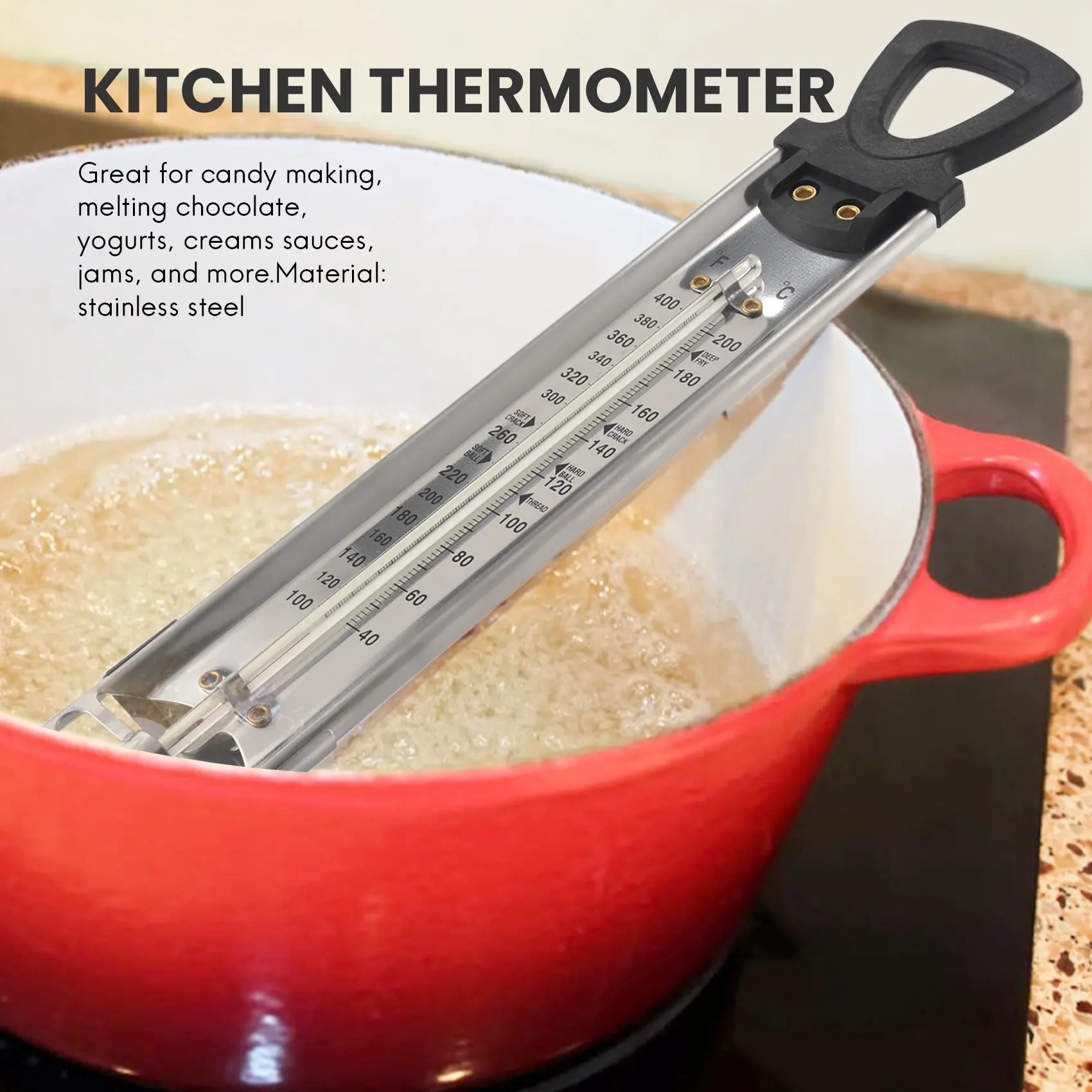 Термометр для конфет/желе/фритюра нержавеющая сталь с зажимом кастрюли и