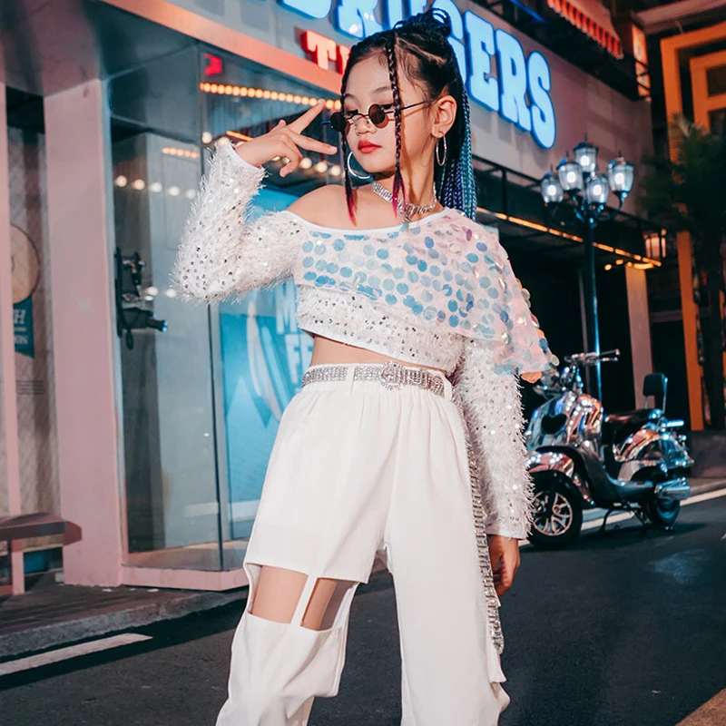

Kids Jazz Dance Costumes Long Sleeve Sequin Tops White Pants Modern Street Dance Stage Performance Clothing Hip Hop Suit
