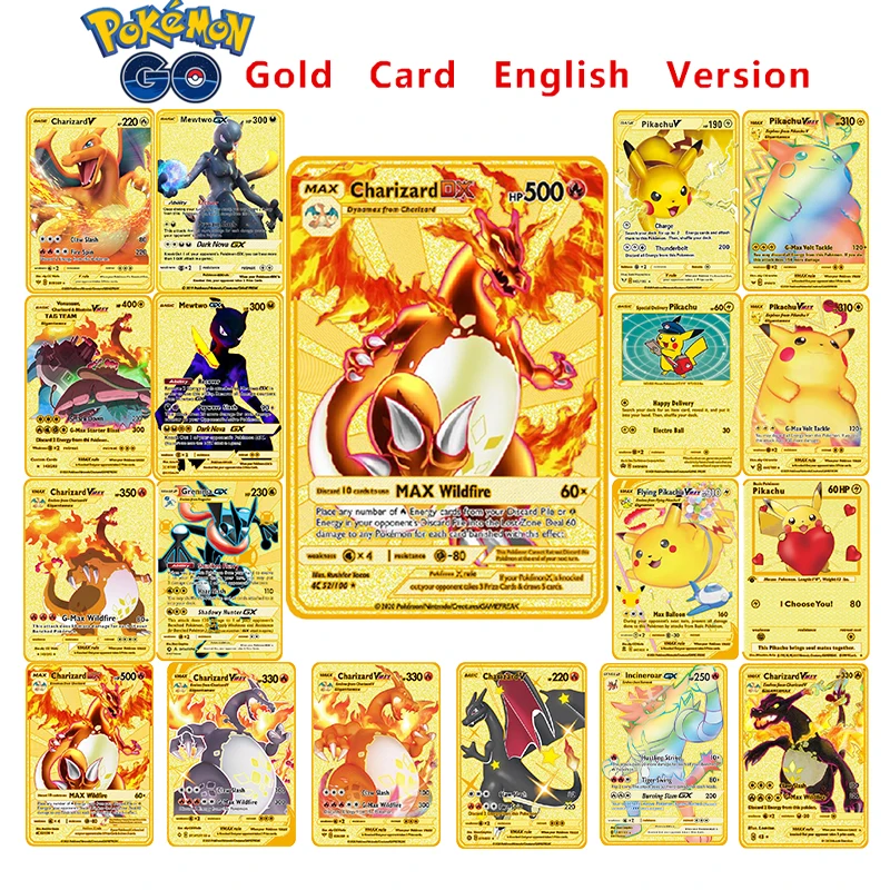 

Pokemon 25th anniversary Cards Gold Metal Vmax Energy Card Charizard Pikachu Rare Collection Battle Trainer Card Child Toys
