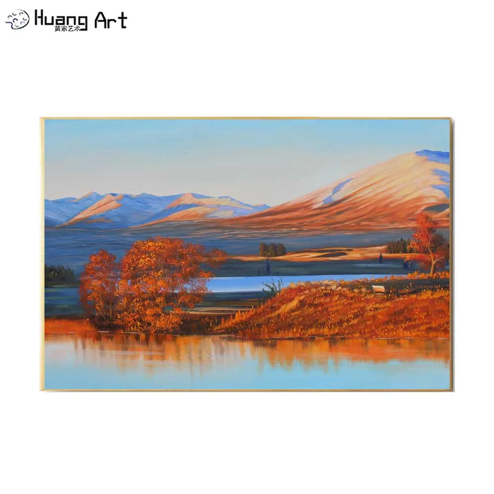 

Pure Hand-Painted Modern Autumn Landscape Oil Painting on Canvas Orange Trees on Lakeside Landscape Oil Painting for Wall Decor