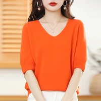 womens short sleeve seamless cashmere sweater knit 100 pure wool 2022 springsummer half sleeve v neck t shirt korean pullover