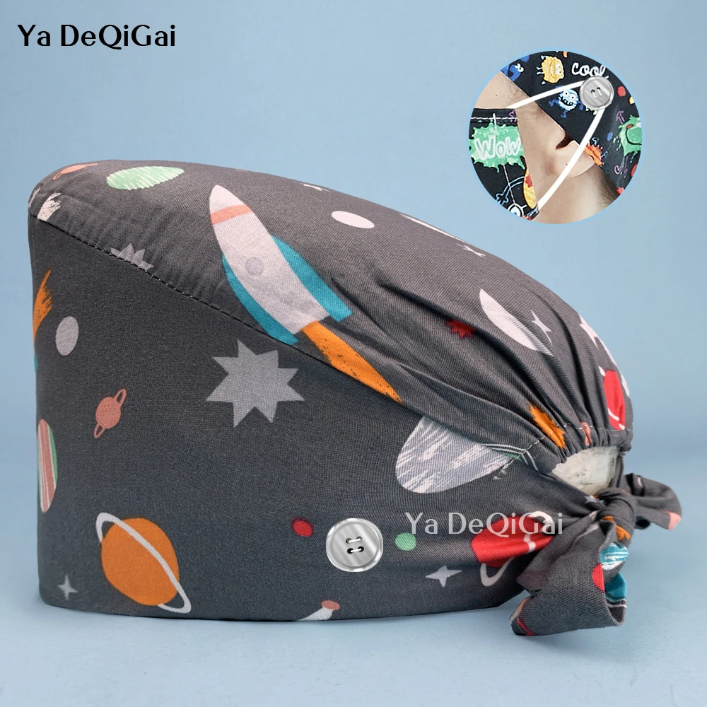 

Beauty Salon Beautician Working Cap Elastic Adjustable Scrubs Women Unisex Printing Cotton Nurse Working Hat Medical Accessories