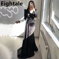 black mermaid satin evening dress for wedding party long sleeves appliques beads sexy side slit prom dress formal party gown