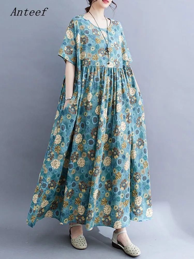 

Женское винтажное платье с цветочным принтом Anteef, повседневное Свободное длинное летнее платье с коротким рукавом, 2023