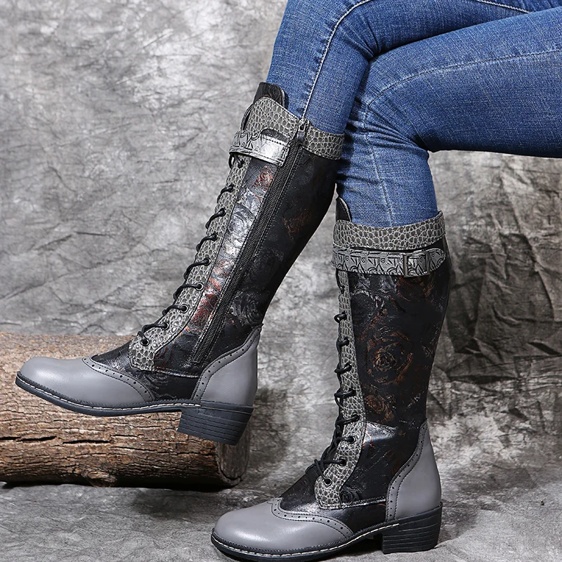 

Women Modern Boots Knee-High Knight Lace-up Work Combat Thigh High Boots Long Fashion PU Leather Winter Ladies Shoes Breathable
