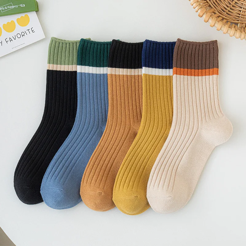 Double needle mid-tube socks women's pure cotton socks casual breathable solid color cotton stockings чулки носки