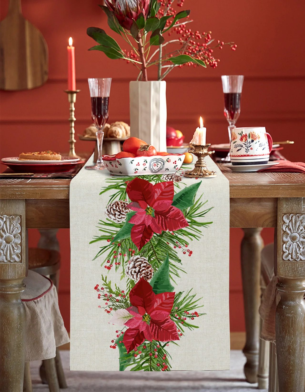 

Christmas Poinsettia Flower Linen Table Runners Kitchen Decoration Anti-stain Table Runner for Dining Table Party Decorations